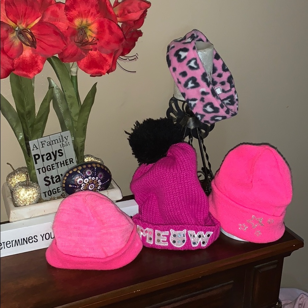 4 Pink beanie hat and headband set